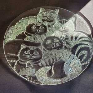 Vintage Pilgrim Glass Large 13" Round Platter Plate w Embossed Cats Kitten